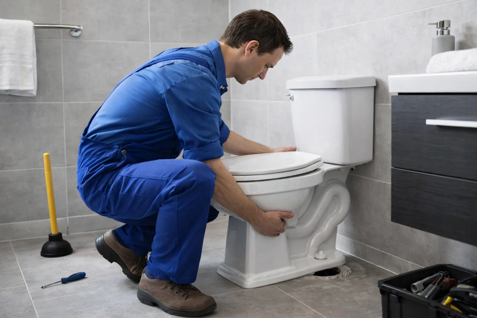 Certified plumber working on toilet