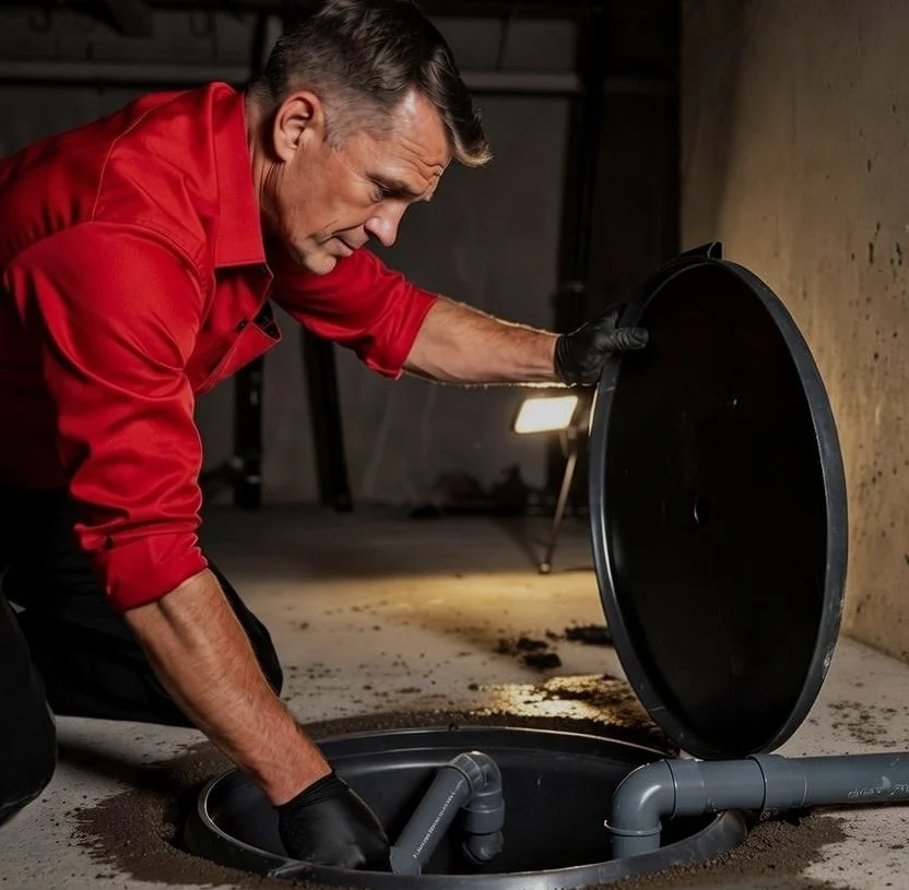 Plumber working on sump pump in Cornwall basement
